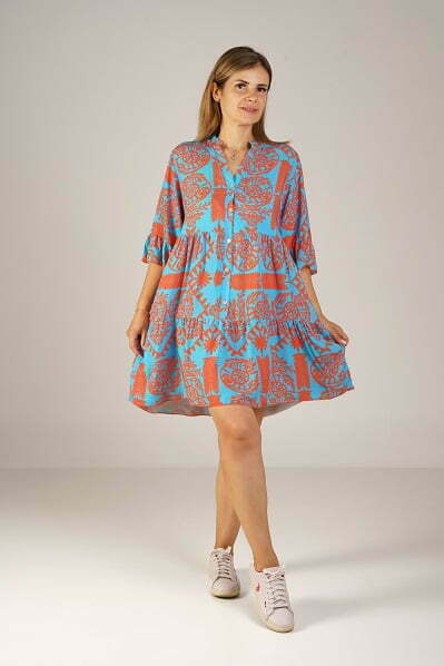 Rochie lejera, colorata, cu imprimeu bleu/portocaliu