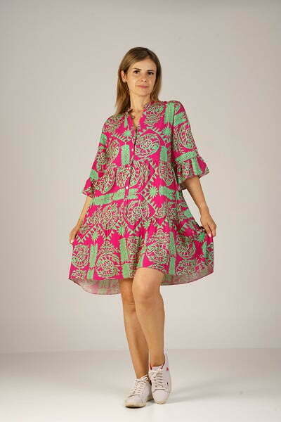 Rochie lejera colorata, cu imprimeu fucsia/verde