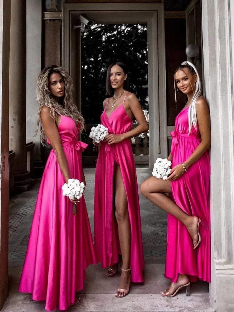 Rochie lunga satin, cu crapatura adanca pe picior
